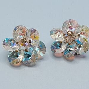 Vintage Aurora Borealis Clip-On Earrings Floral Crystal Beads 1950s Jewelry